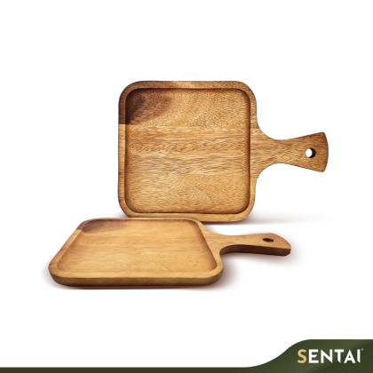 ACACIA WOOD SQUARE PLATE WITH HANDLE
