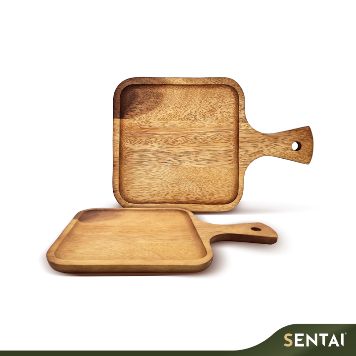 ACACIA WOOD SQUARE PLATE WITH HANDLE