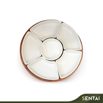 SENI PREMIUM ACACIA WOOD LAZY SUSAN WITH 6 CERAMIC PLATES NT092